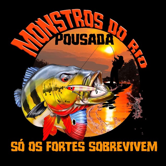 logotipo pousada de pescaria na amazônia, monstros do rio demeni, barcelos, am, brasil.